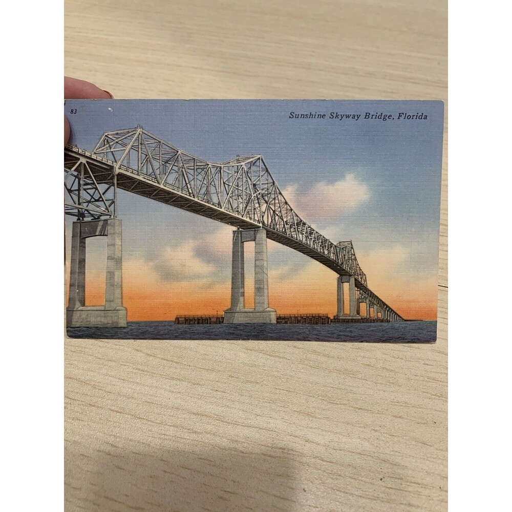 Vintage 1950's Under Sunshine Skyway Bridge, St. Petersburg Florida FL Postcard